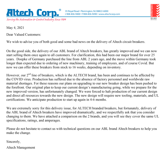 Altech Breaker Notice